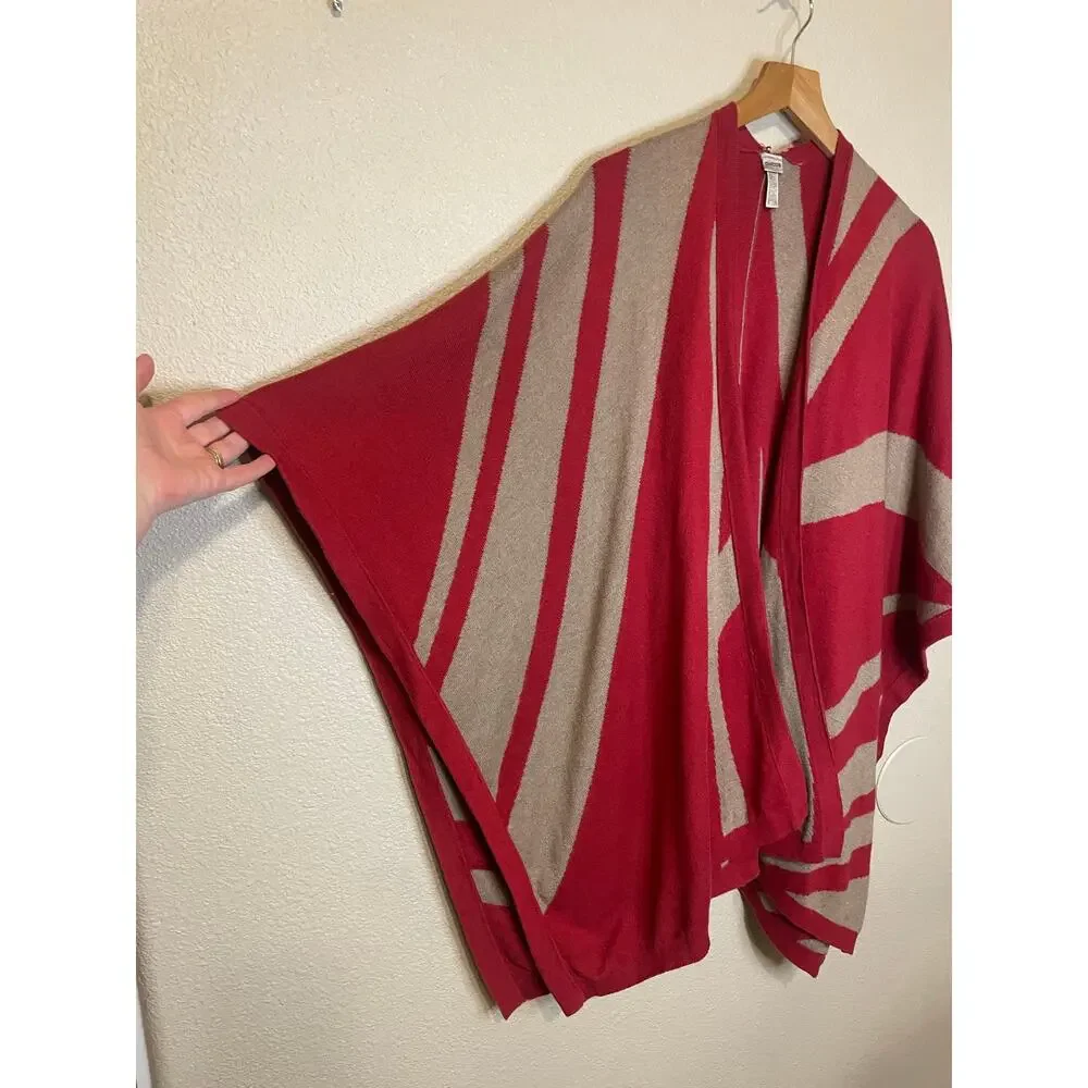Chico's Boho Red & Beige Geometric Print Cozy Knit Kimono Shawl One Size